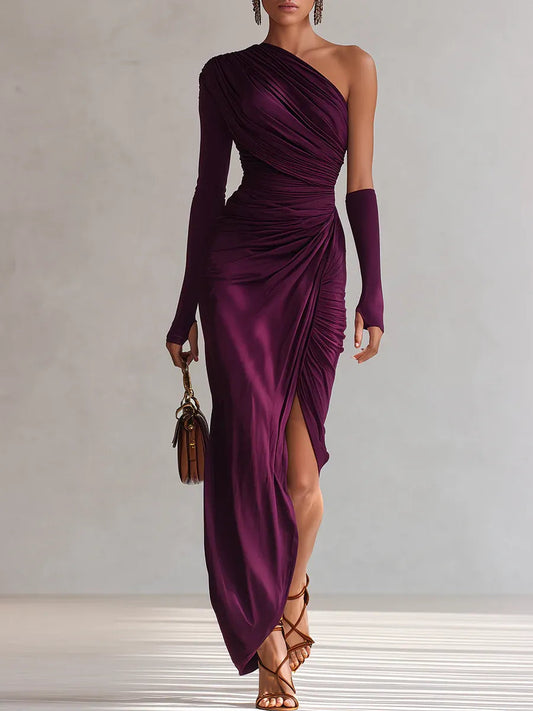 Rosalia - Elegancka fioletowa sukienka maxi sexy na jedno ramię