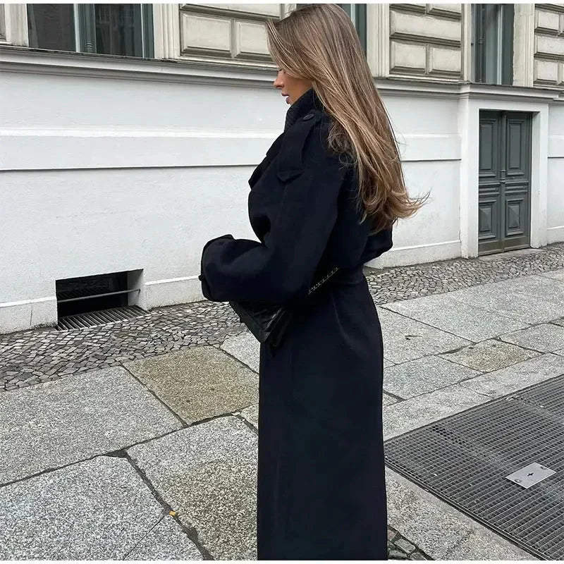 Camille – Długi Oversize’owy Damski Płaszcz z Wełny Dwurzędowy Zimowy Płaszcz o Przedłużonym Kroju