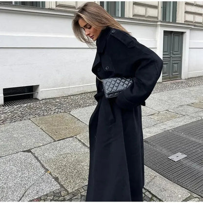 Camille – Długi Oversize’owy Damski Płaszcz z Wełny Dwurzędowy Zimowy Płaszcz o Przedłużonym Kroju